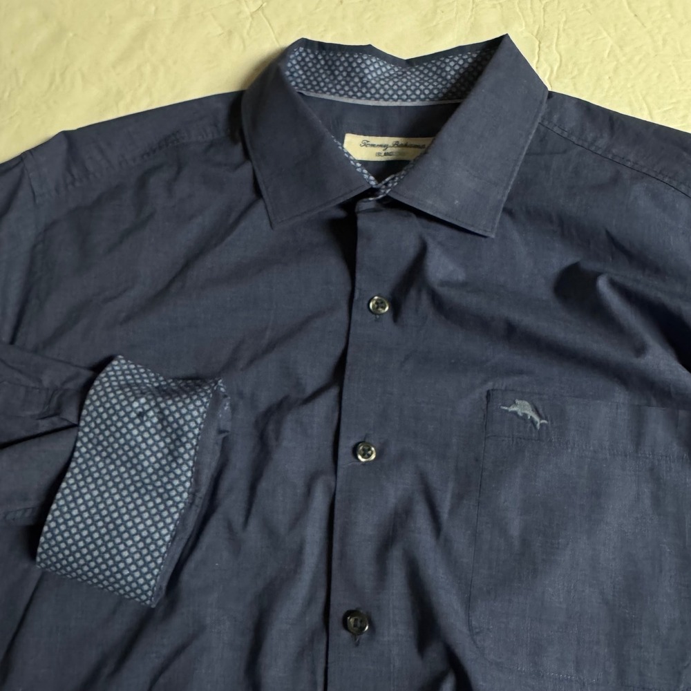 Tommy Bahama IslandZone Mens Large Navy Blue Pima Cotton Blend Button Down Shirt